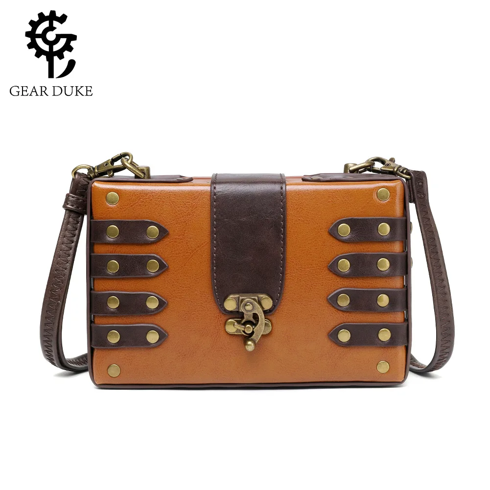 

Gear Duke Streampunk Rivet Metal Decorative Single Shoulder Bag Golden Messenger Backpack Motorcycle Riding Equipment