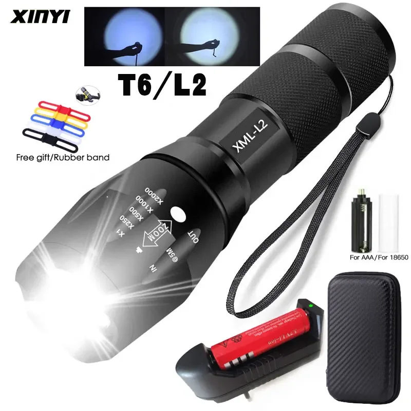 LED rechargeable flashlight XMLT6/L2 use 18650 battery 5Modes waterproof camping powerful