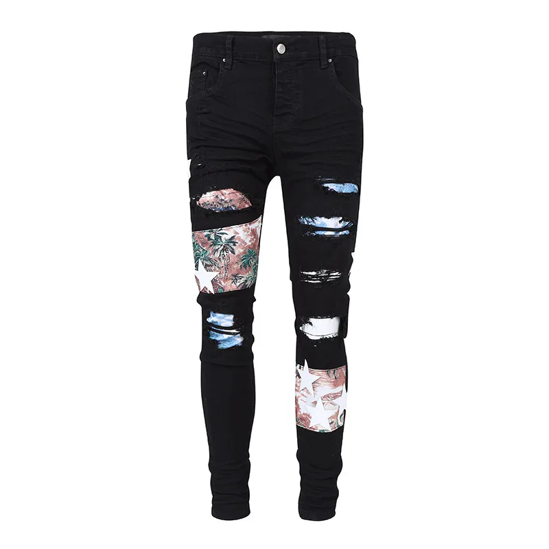 

New arrivals fashion black series high street camouflage patchwork ripped hole pleated patch make old torn jeans men denim pants