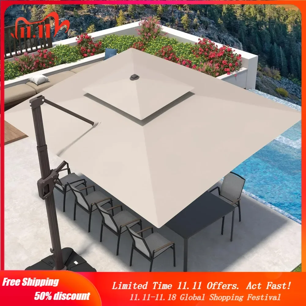 Cantilever Patio Umbrella 360&deg;Rotation Rectangular Outdoor Umbrella, Double Top Large Offset Sun Shade Umbrella for Garden Deck