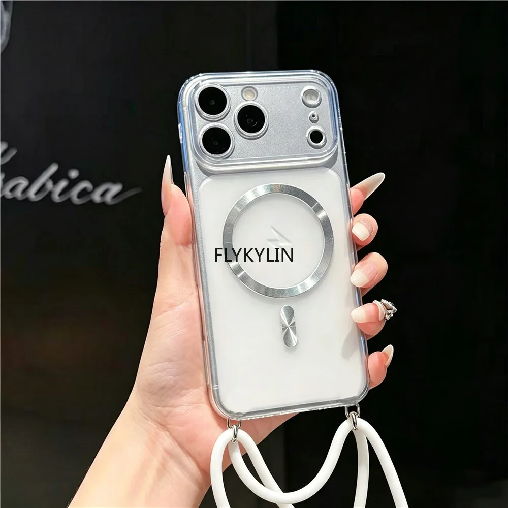 MagSafe Compatible Transparent Crossbody Lanyard Phone Case with Magnetic Strap Cover