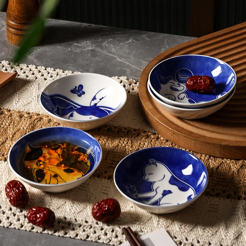 1PC Ins Cute Cute Cat Flavor Dish Ceramic Round Seasoning Dish Children's Cartoon Creative Tableware Vinegar Dipping