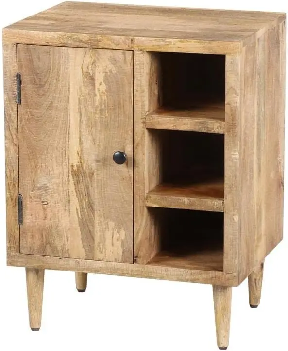 

Mango Wood Side Table with Open Cubbies and Door Storage, Natural Brown