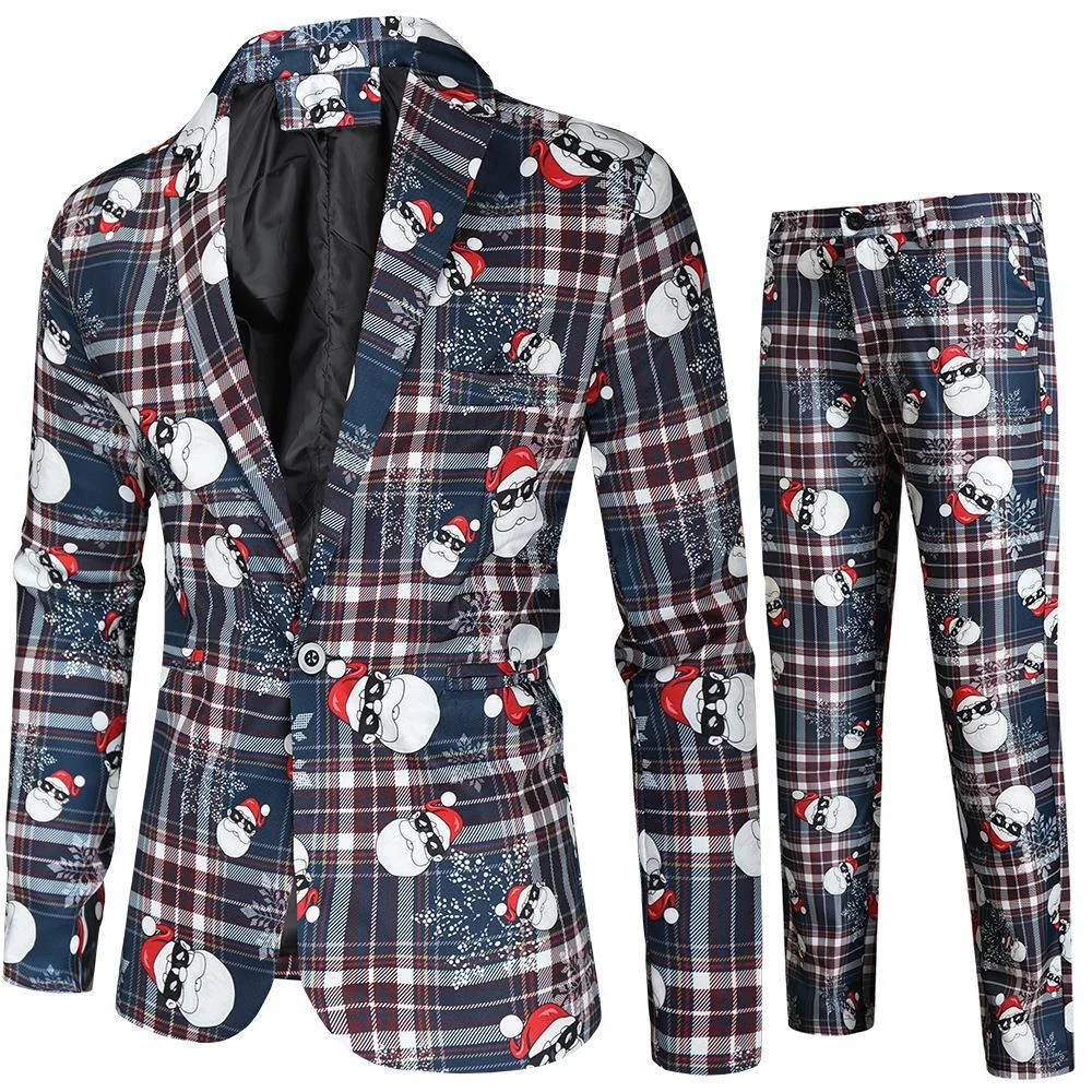 thumbnail image 1 of Gorro navideño de anime para hombre, chaqueta azul y roja, divertido árbol de Navidad, muñeco de nieve, estampado, blazer de un botón, frente abierto, trajes de trabajo de oficina para negocios, 1 of 5