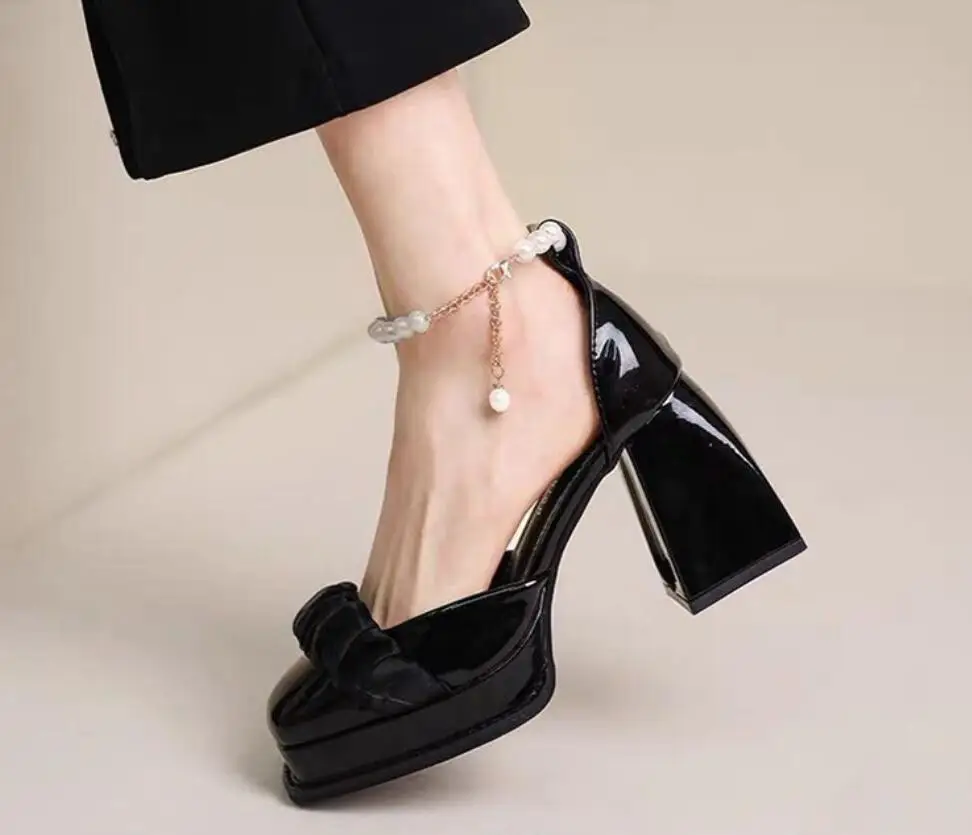 Autumn Spring Women Shoes  Fashion High Heels Banquet Wedding Shoes Sexy Pearl chunky heels square toe high heels Ladies Party