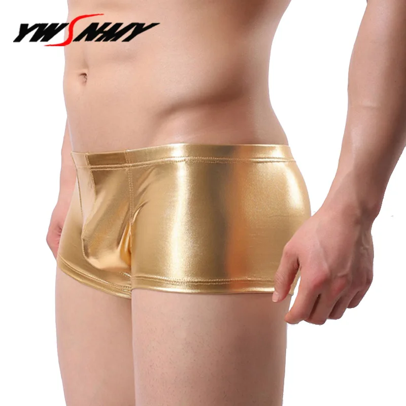 

Sexy Men Boxers Male Panties Faux Leather Underwear Men U Convex Underpants Fashion Gold Silver Nightclub Stage Show Boxershorts