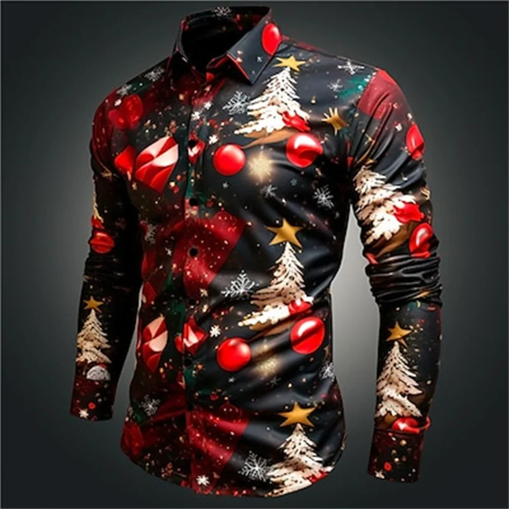 

New Santa Claus Christmas Tree Christmas Bells Men's Shirts Christmas Party Long Sleeve List Best Designer Trendy Men's Shirt