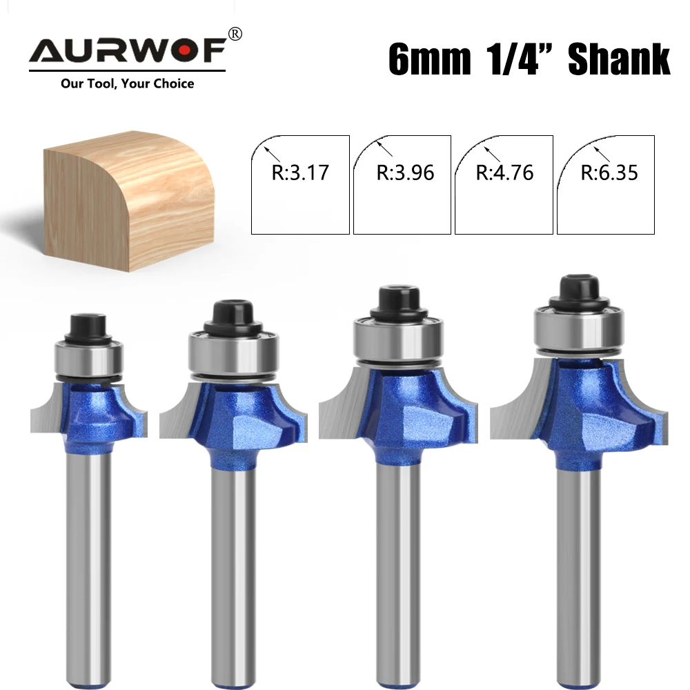 

AURWOF 4pcs 6mm 1/4” Shank Corner Round Professional level Over Router Bit Milling Cutter For Wood Woodworking Tool Tungsten