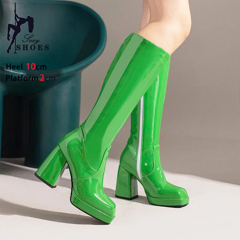 Ladies High Boots Waterproof Platform 10CM Square Head Shoes 2025 Winter Knee-High Chunky Heels Booties For Women Plus Size 43