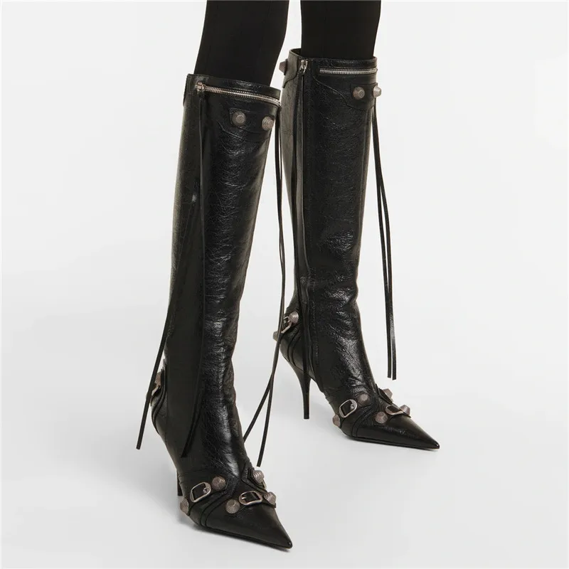 

2024 New Pointed Toe Women Knee High Boots Designer Tassels Rivets Studded Long Boot High Heel Shoes Ladies Black Botas Mujer