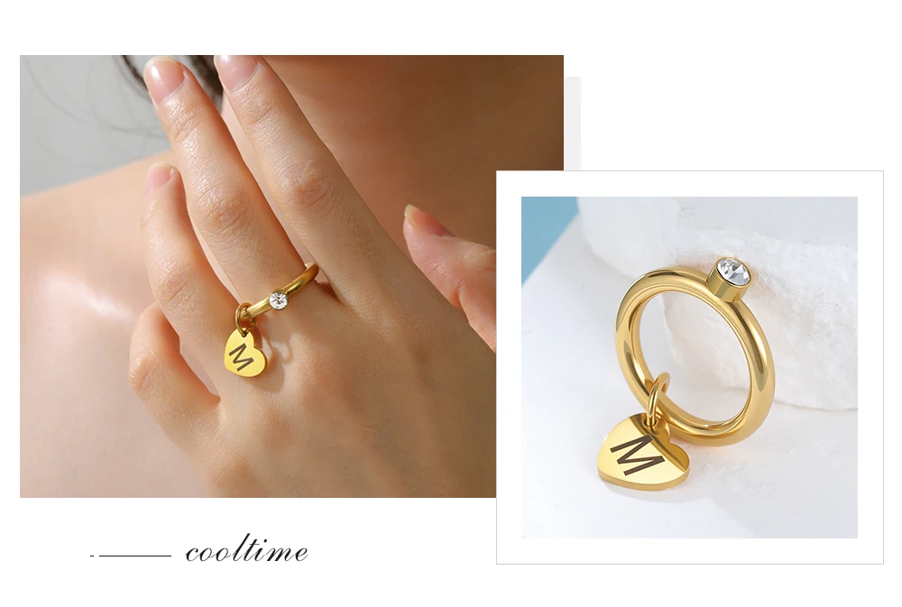 COOLTIME Personalisierter Edelstahlring, personalisierter Buchstabe, Nummer und Symbole, Liebesherz-Anhängerring mit Zirkon, Schmuck, Geschenk für Sie – Detail 11