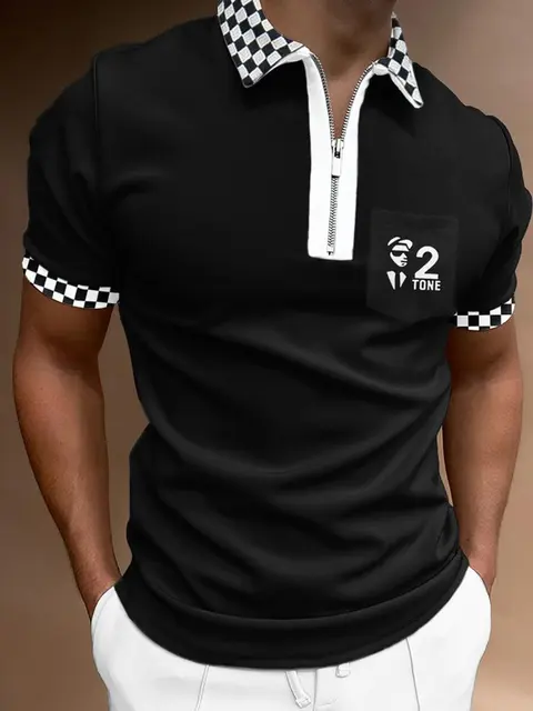 Shirt Fashion Striped Patchwork Short Sleeve Tops For Men Casual Turn-down Collar Zip-up Polo Shirts 2021 Summer Men's Slim Polo PLS-47