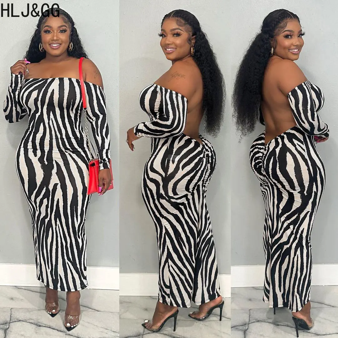 

HLJ&GG Sexy Off Shoulder Backless Party Club Dresses Women Long Sleeve Bodycon Mid Dress Casual Stripe Print Vestidos Clothing