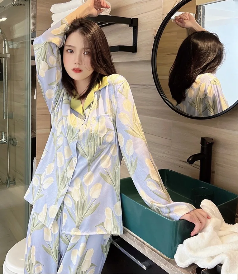 Women's 2 Piece Pajamas Sets Floral Print Pijama Faux Silk Satin Lapel Pyjama Female Sleepwear LongSleeve Shirt Pants Homewear
