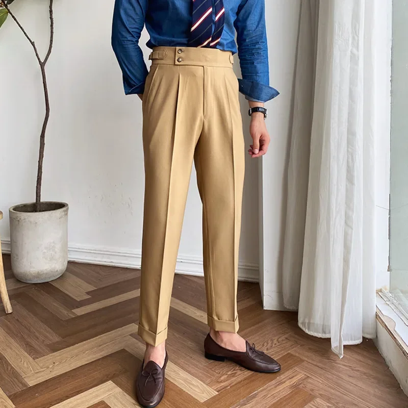 

British High Waist Straight Pants Men Social Trousers Pant Italian Mens Formal Pant Pantalones Hombre Dress Ankle Pants Men