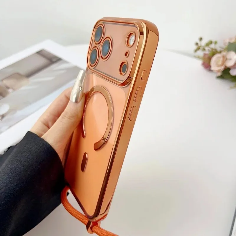 Elegant Magnetic Clear Phone Case with Luxury Necklace Cord and Plated Lanyard
