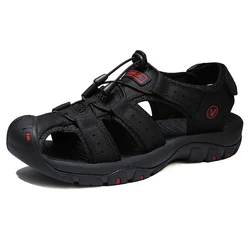 Breathable Leather Men's Casual Summer Sandals - Fashionable Outdoor Beach Slippers - 45 (Black)