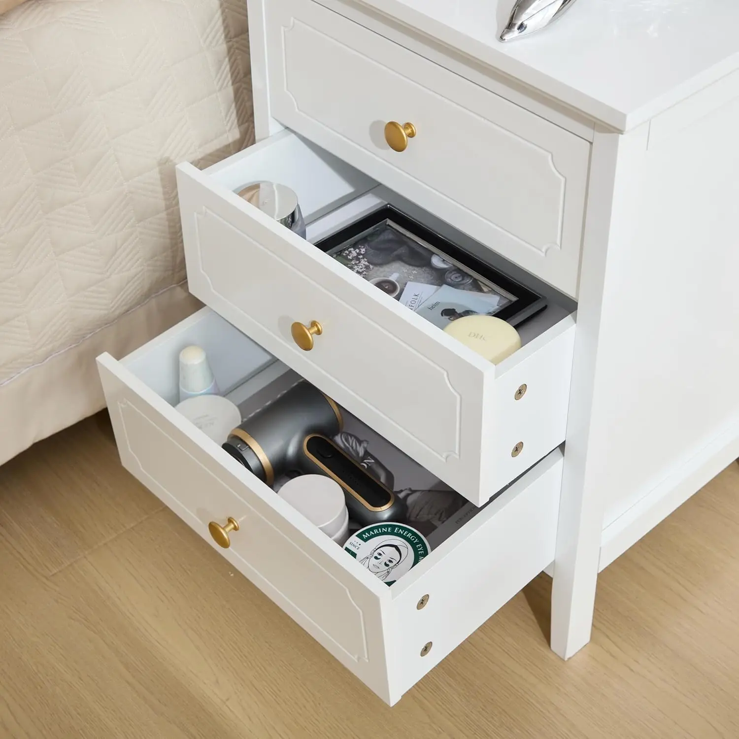 3 Drawer Nightstand White Side Table 19" Bedroom Night Stands End Table for Living Room Bedroom with Storage 1 Set