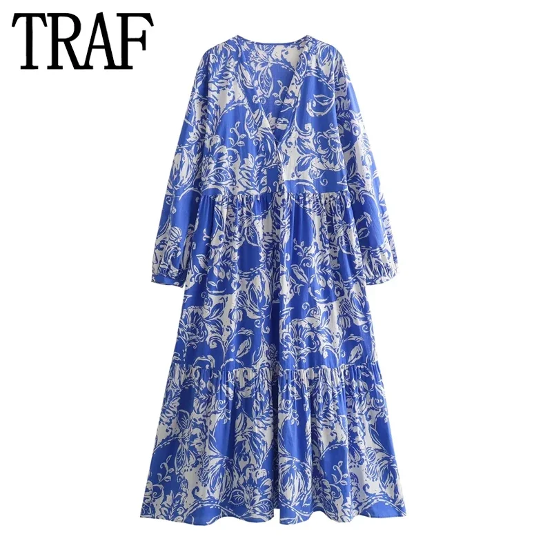 

TRAF 2024 Blue Long Dress Woman Vintage Print Ruffle Midi Dresses Ruched Casual Dresses For Women Youth Loose Women's Dress