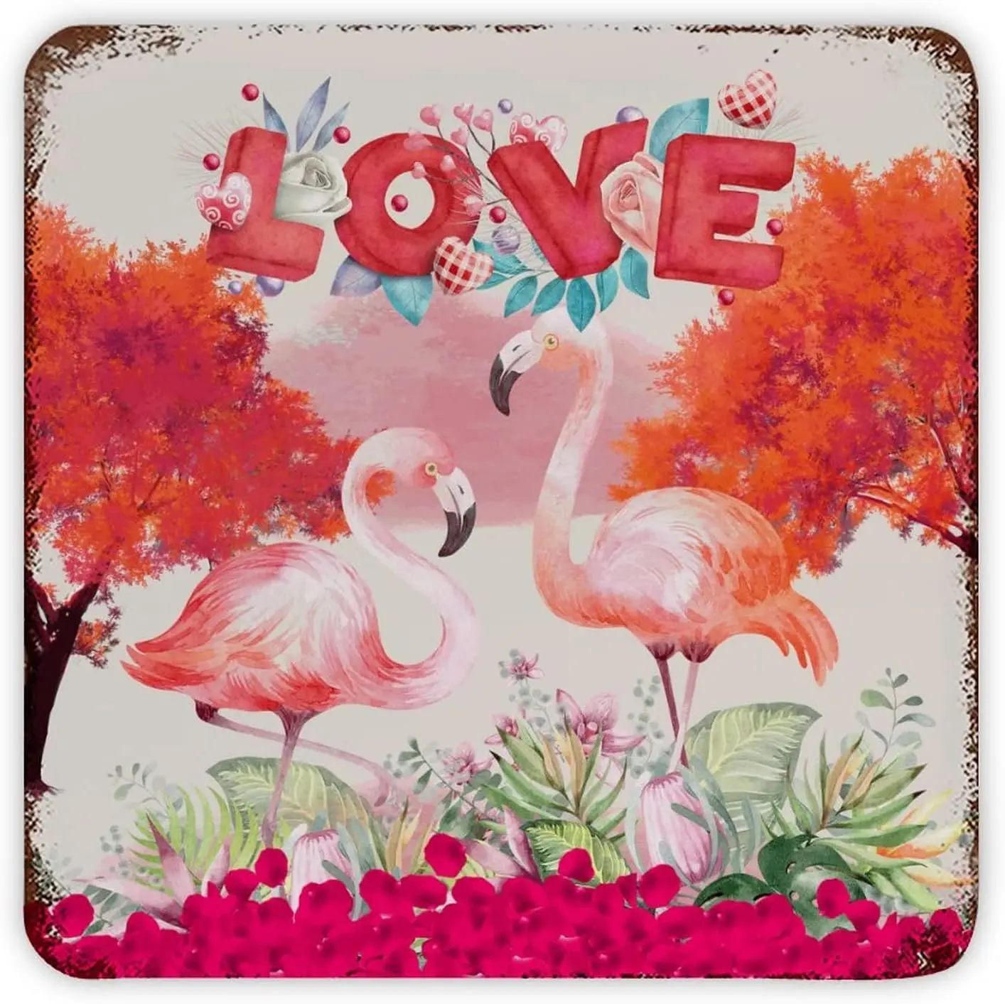 

Metal Tin Sign Valentine's Day Red Color Trees And Love Flamingos Vintage Bar Room Sign Plaque Retro Metal Poster for