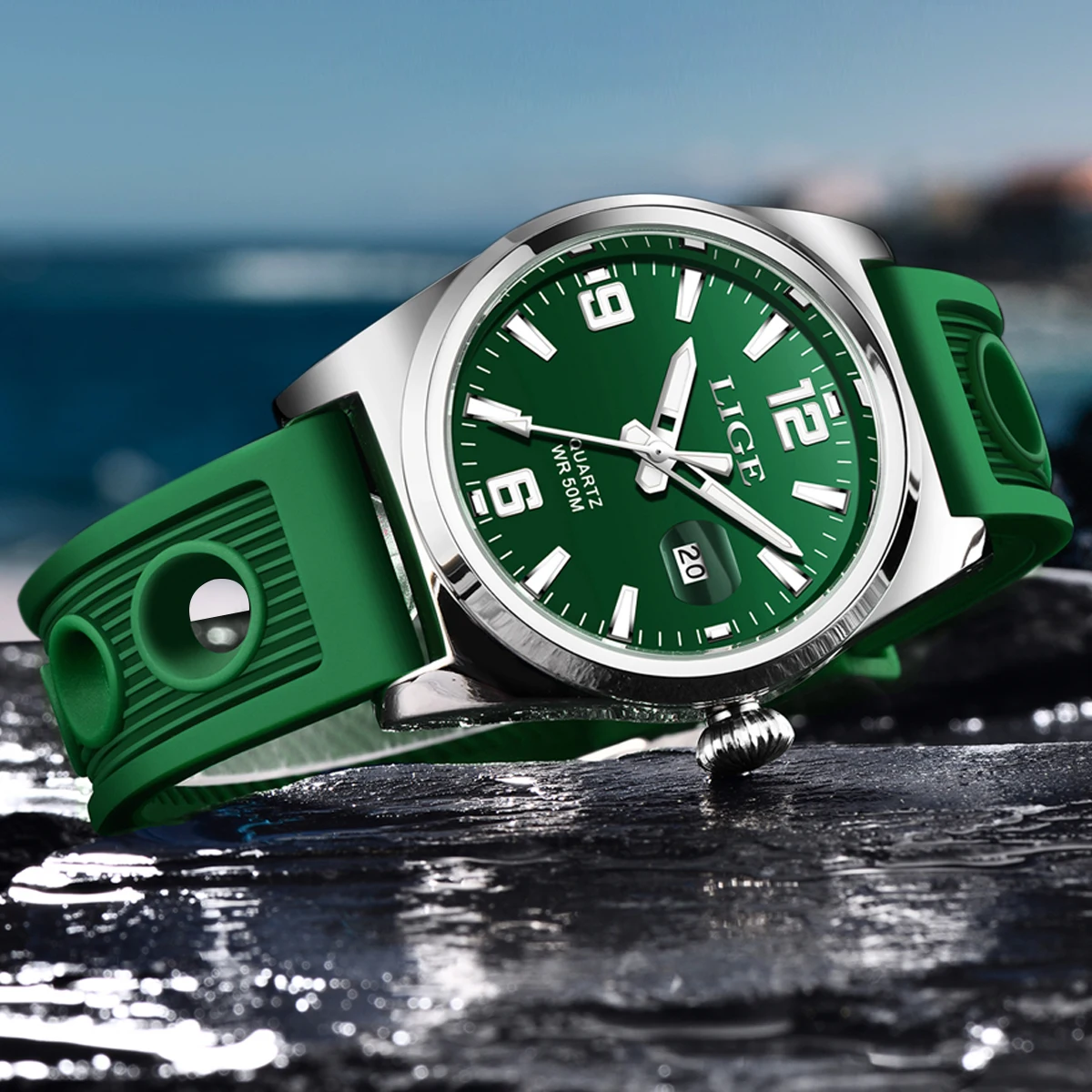 LIGE Fashion Outdoor Men Watch Casual Sport Silicone Strap 50M Waterproof Luminous Quartz Watch for Men Auto Date Calendar Clock