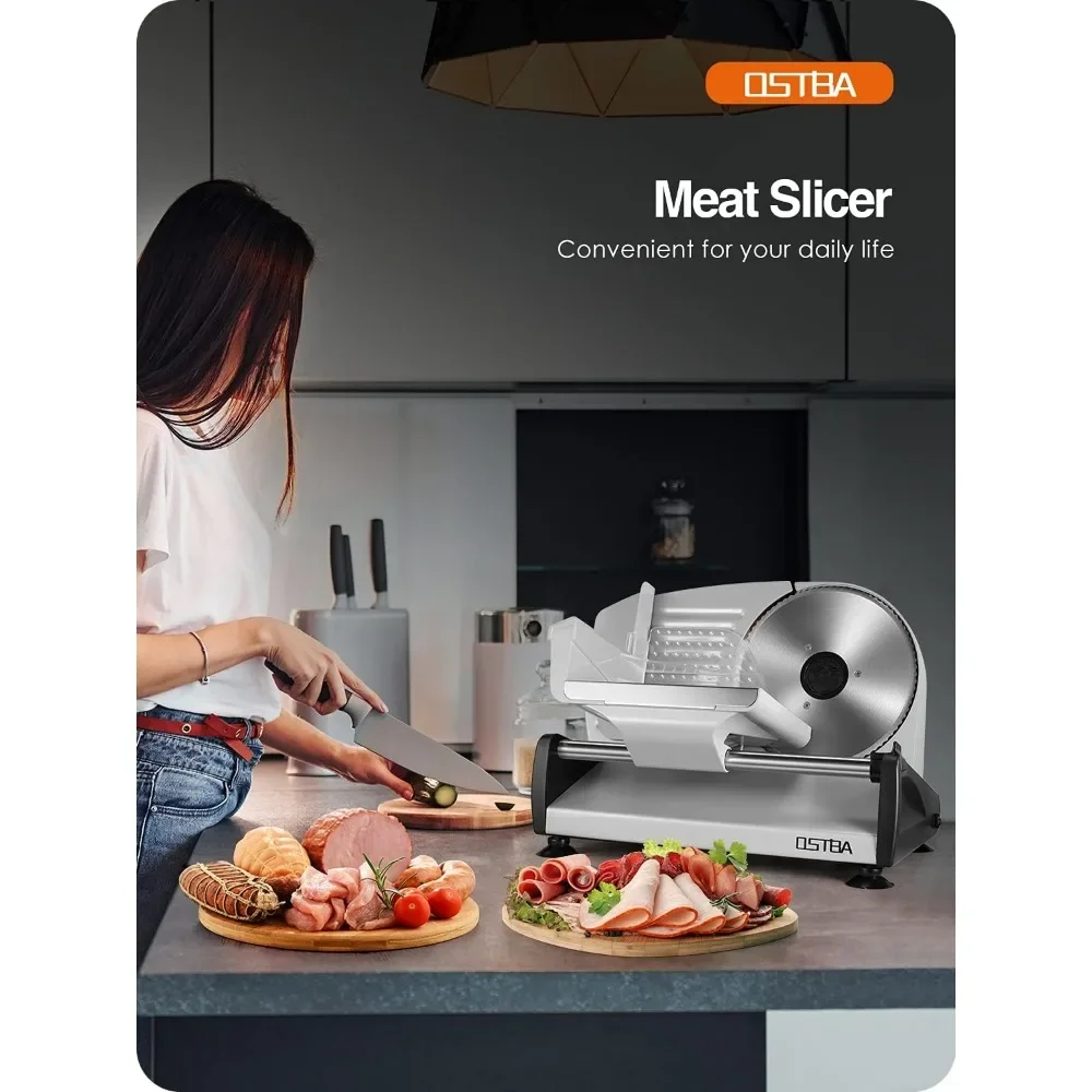 Meat Slicer Electric Deli Food Slicer with Child Lock Protection Removable 7.5&rsquo;&rsquo; Stainless Steel Blade and Food Carriage
