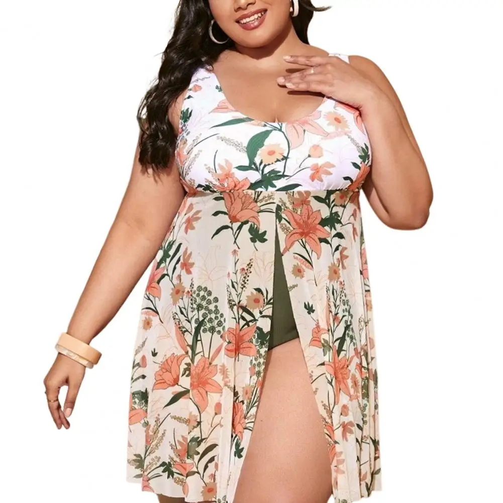

Women's Split Hem Monokini Plant Print One-piece Swimsuits U-neck Sleeveless Monokini Ruffle Hem for Tummy