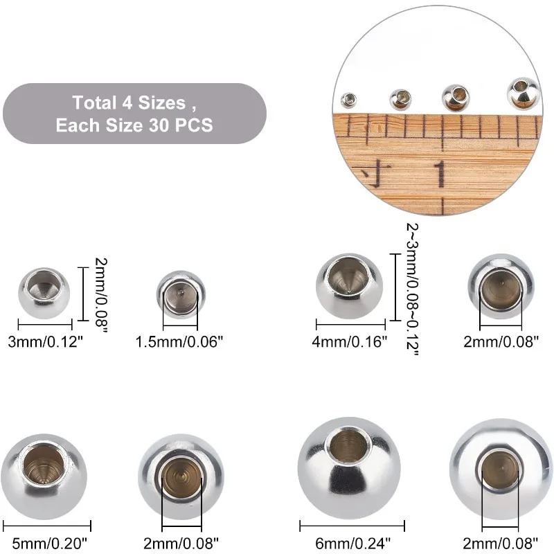 120Pcs 4 Sizes Memory Wire End Caps Stainless Steel Bead Cord End Caps Round Half Drilled Beads Ball Cord Terminators