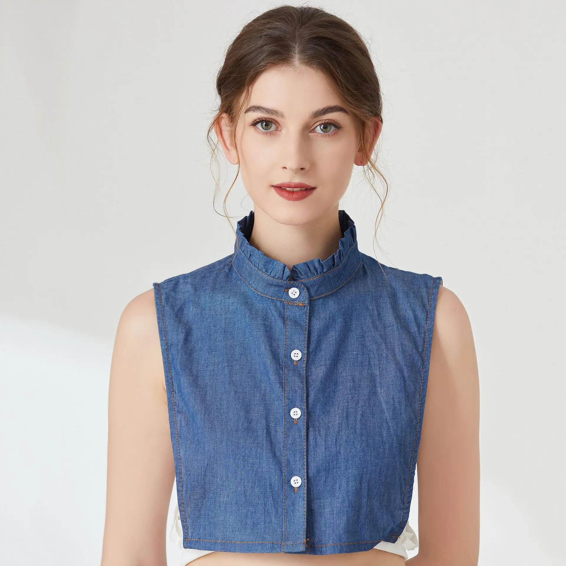 

Women Fake Collar Children Versatile Autumn Winter Fashion Pointed Thousand Plaid Shirt Long
