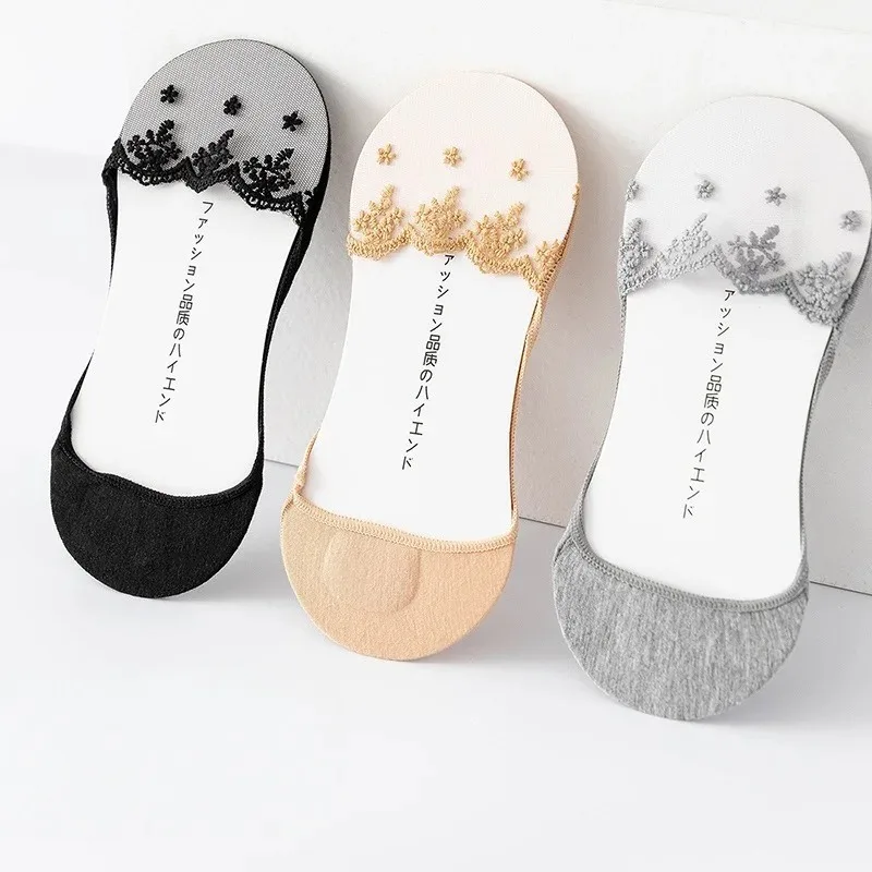 Women's Invisible Lace Socks No Show with Anti Slip Gel Grips Stay on Heel Ultra Thin Comfortable Socks for Summer Fashion