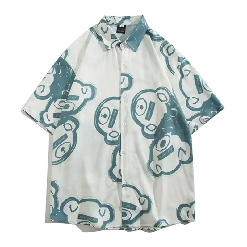 

Рубашка мужская с графическим принтом медведя, блузка с отложным воротником в стиле хип-хоп, топ оверсайз с отложным воротником, милая уличная одежда в стиле Харадзюку, Y2K, лето
