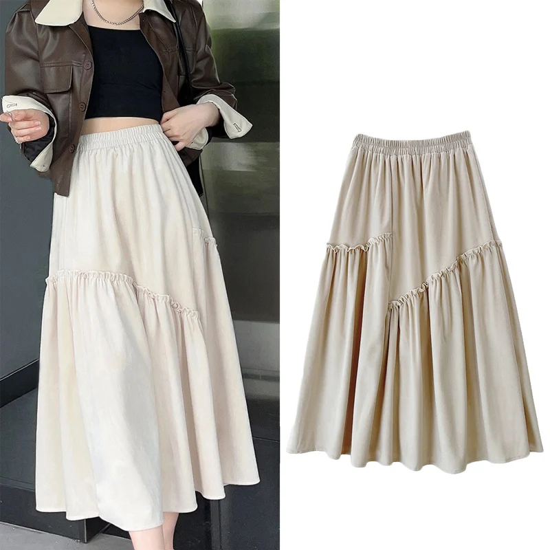 

OHRYIYIE Patchwork Vintage Midi Velvet Skirt Women Autumn Winter Casual Thick High Waist A Line Skirt Female Beige Soft Skirt