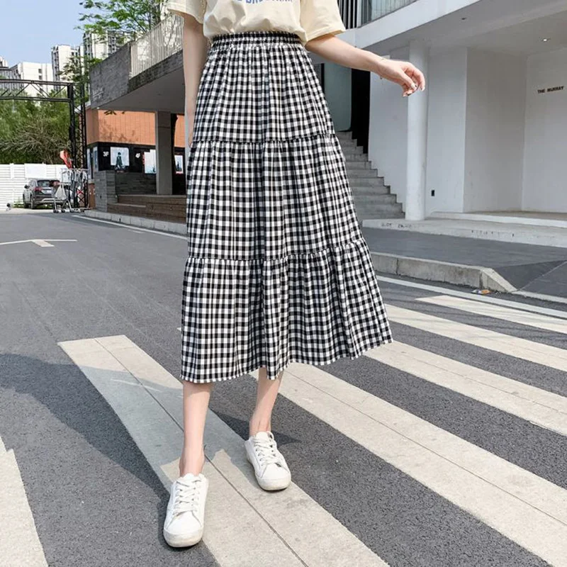 Striped Grid Retro A-line Long Skirt Fashionable For Women Clothes Elastic Waist Cake Skirt Casual Summer Streetwear All-match