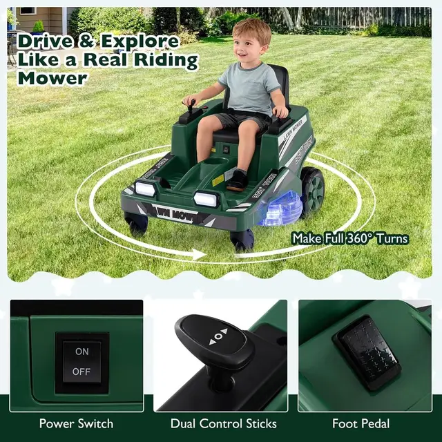 12V Kids Electric Lawn Mower Ride-On, 360° Steering, Dual Controls, LED Lights, Outdoor Toy for Ages 3-8 (Dark Green) 2 12V Kids Electric Lawn Mower Ride-On, 360° Steering, Dual Controls, LED Lights, Outdoor Toy for Ages 3-8 (Dark Green) 2
