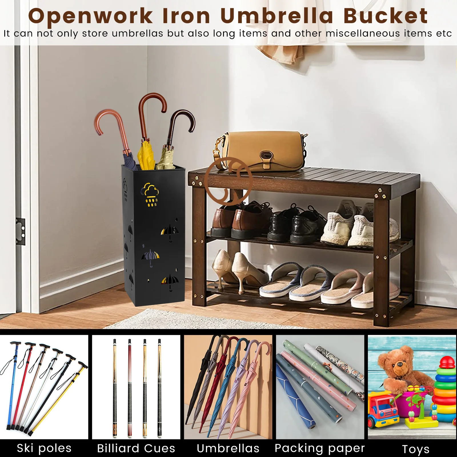 Square Umbrella Stand Rack Metal Durable Stable Holder Multipurpose Storage Container Holds 4-8 Umbrellas for Home Office Decor