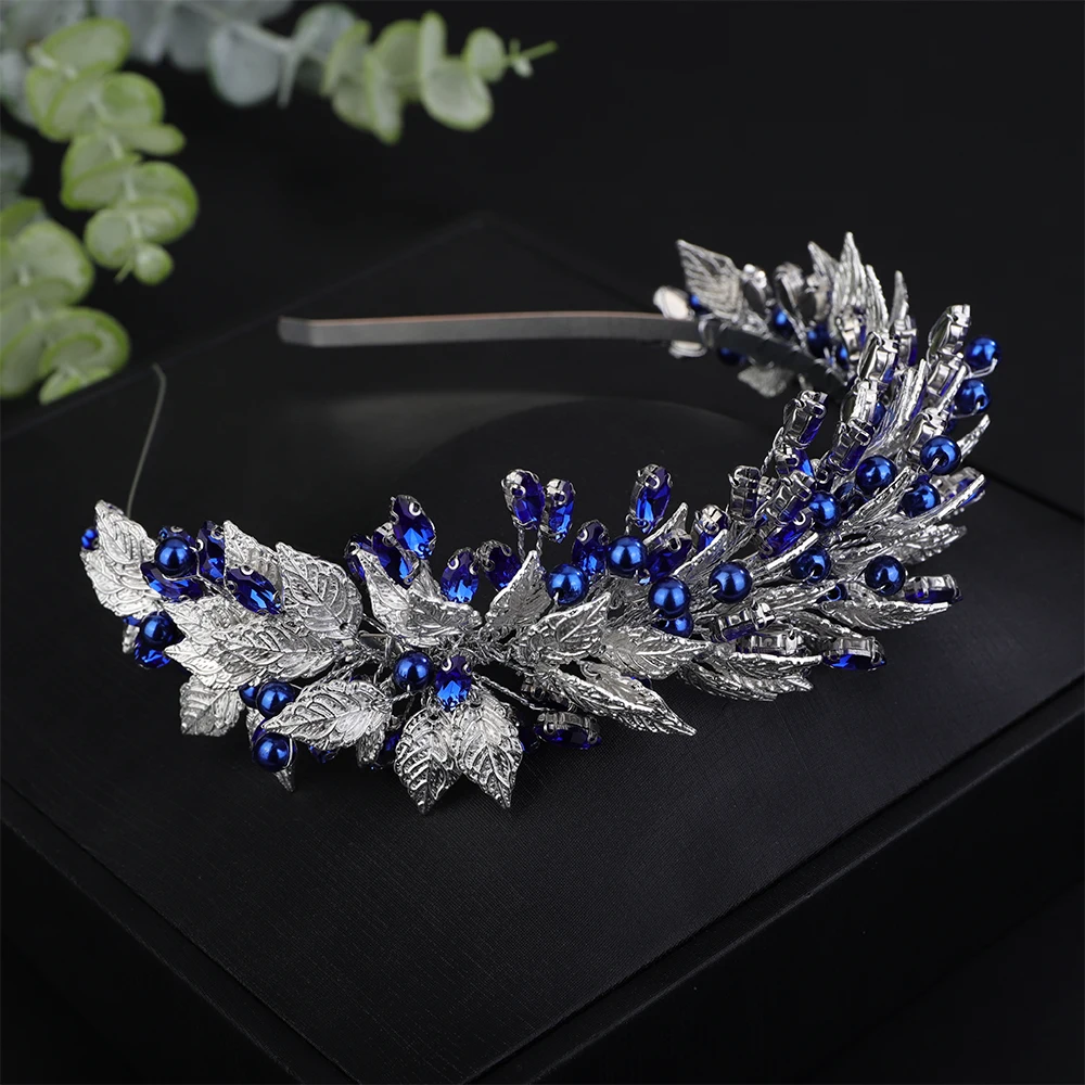 Bridal Crown Headband Hair Accessories for Women Pearl Rhinestones Diamonds Leaves