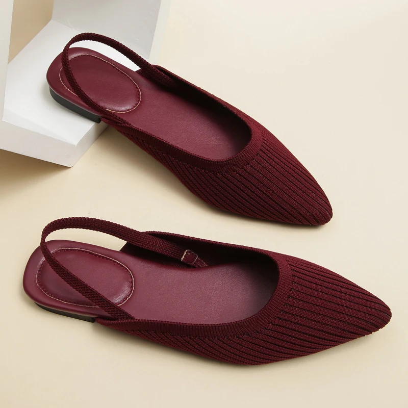 Breathable Woven Fabric Sandals Woman Slingback Rear Strap Shoes Ladies Burgundy Flats Slippers 3D Stretch Polyester Loafer
