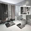 4pcs Modern style printing Shower Curtain Set With 12 Hooks, Anti-Slip Bathroom Mat, U-Shaped Toilet Rug, Bathroom Curtain Set 2