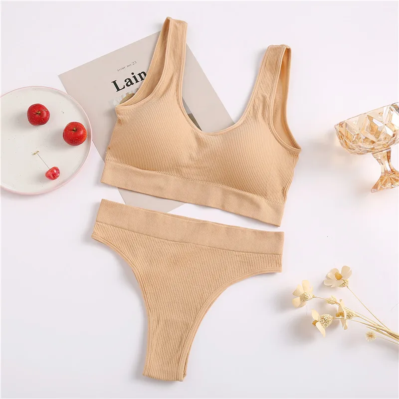 2PCS/Set Underwear Women Seamless Bra Wireless Bralette Lingerie Sexy High Waisted Panties Cotton Woman Lingerie_voghion.com