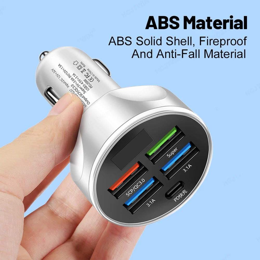 PD + QC 3.0 100W 5 porte Caricabatteria da auto Ricarica rapida USB C Caricatore per telefono da auto Tipo C Adattatore in auto per iPhone Samsung Huawei Xiaomi - Image 6