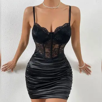 Elegant Sleeveless Dress for Woman New Fashion Sexy Lace Pleated Flower Patterned Hip Wrap Skirt Y2k Slim Fit Dresses for Female 1