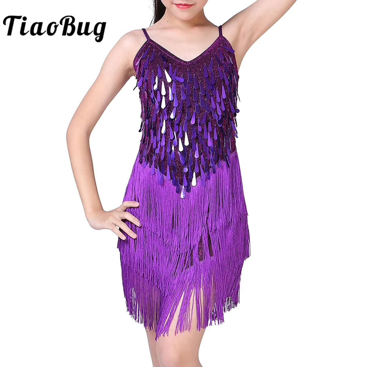 

Tassel Latin Dance Dress Kids Girls Fringe Sequin Salsa Ballroom Tango Cha Cha Rumba Samba Dance Costume Performance Dancewear