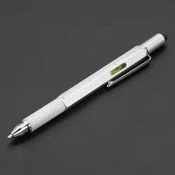 Multifunctional Ballpoint Pen with Tool Set: Ruler, Screwdriver, Stylus, and Level (Silver)