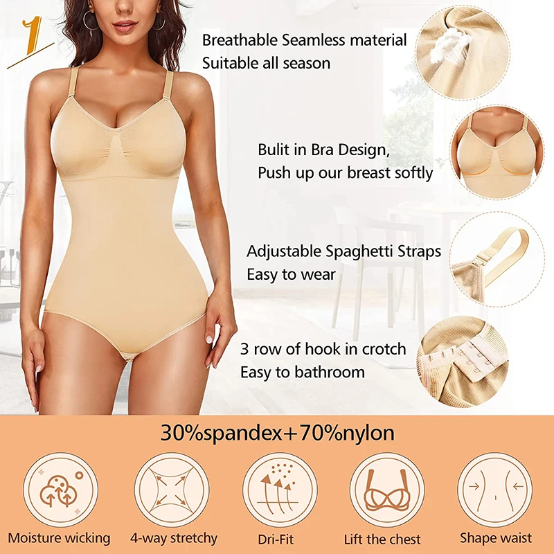 Full Body Shaper One Piece Women V Neck Spaghetti Strap Bodysuit Tummy Control Seamless Shapewear Built-In Bra Jumpsuit Tops
