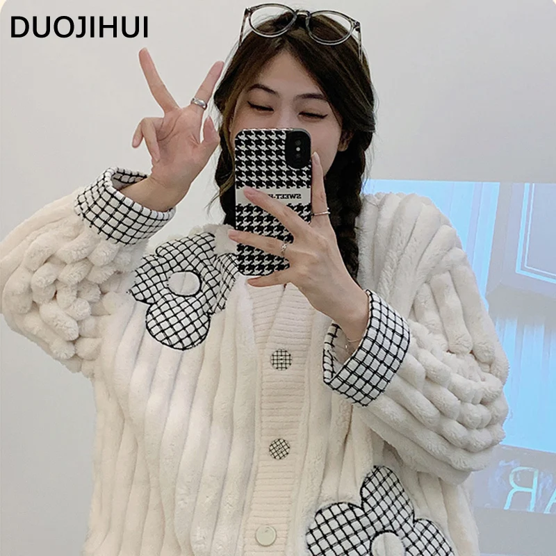 DUOJIHUI Sweet Floral Print Basic Soft Female Sleepwear Sets Winter Button Cardigan Loose Casual Pant Fashion Pajamas for Women