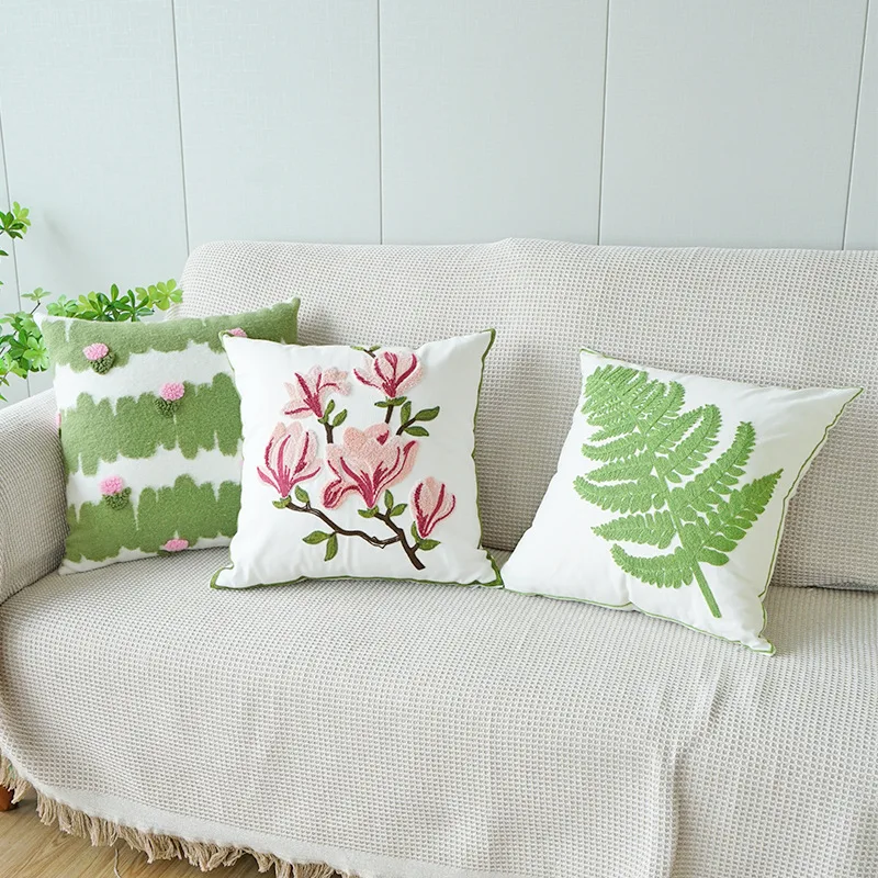 Throw Pillowcase for Living Room Embroidered Green Plant Jade