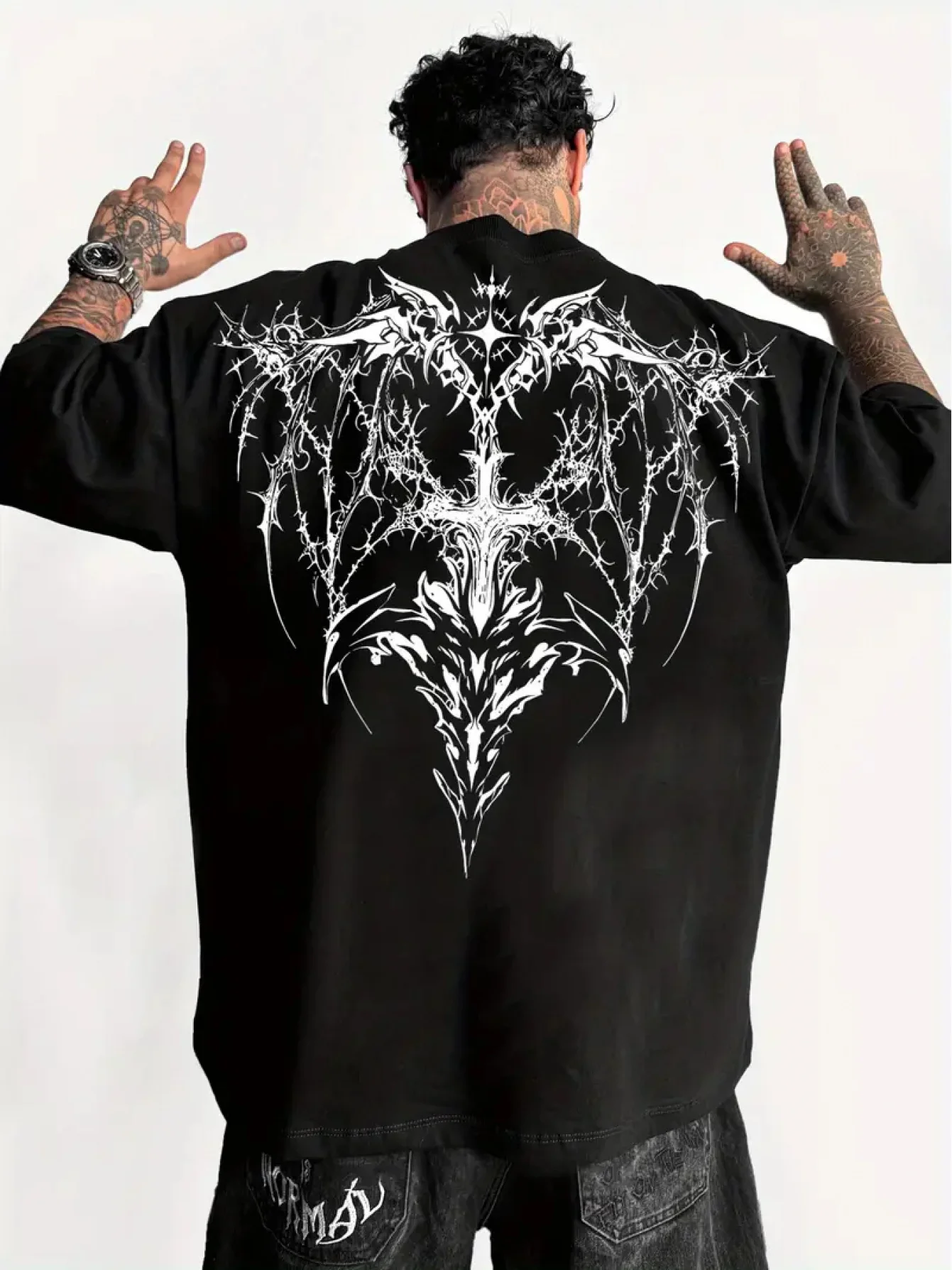Gothic Thorn Cross Wing Graphic Print Cotton Men's Summer Streetwear T-Shirt