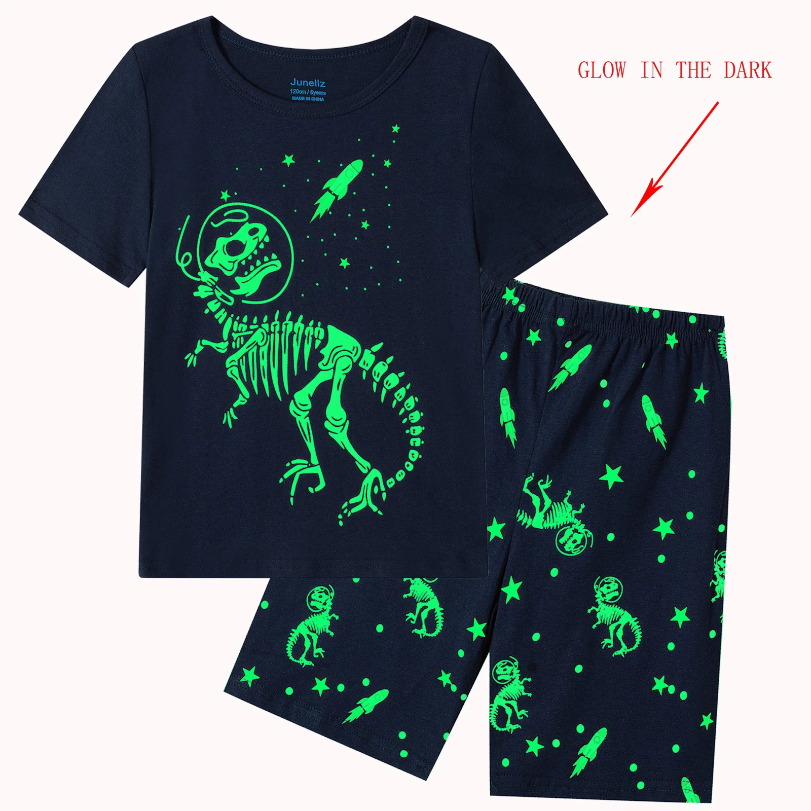 pajama sets boy Junellz Boys Summer Pajamas Sets Glow in The Dark Dinosaur Gifts 100% Cotton Dinosaur Costume Kids Outfit Clothes Toddler Pjs nightgowns and robes	