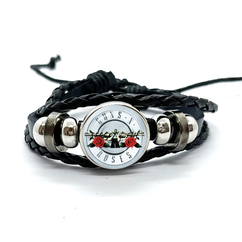 Latest Guns N Roses Rock Band Bracelet Punk Guns and Roses Band Logo Print Glass Gem Handmade Multilayer Braided Bangle Gift 3