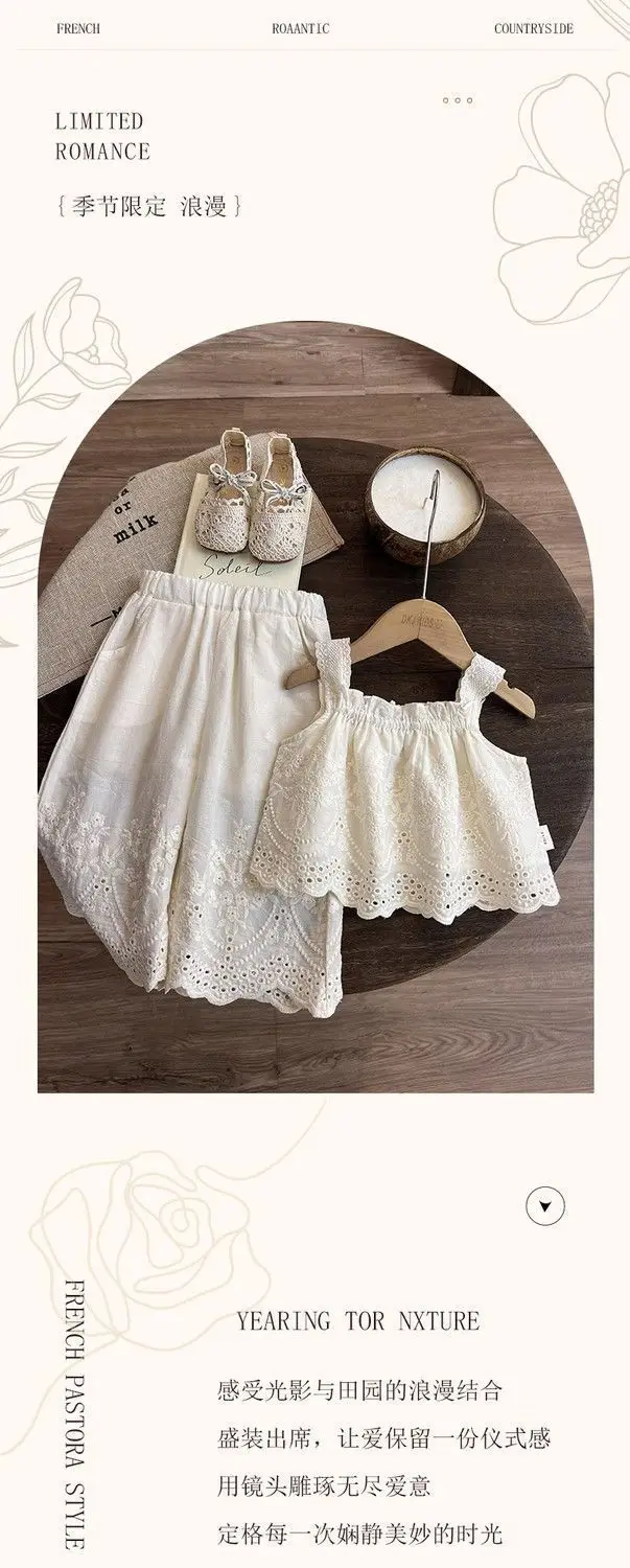 Description Picture 4 of itemGirls Summer Clothing Set Kids Knitted Hollow Lace Suit Girl Fashion Breathable Vest + Wide Leg Pants Outfits Children Sets